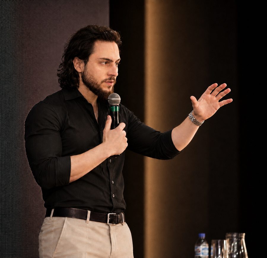 Victor Lazari palestrando com microfone